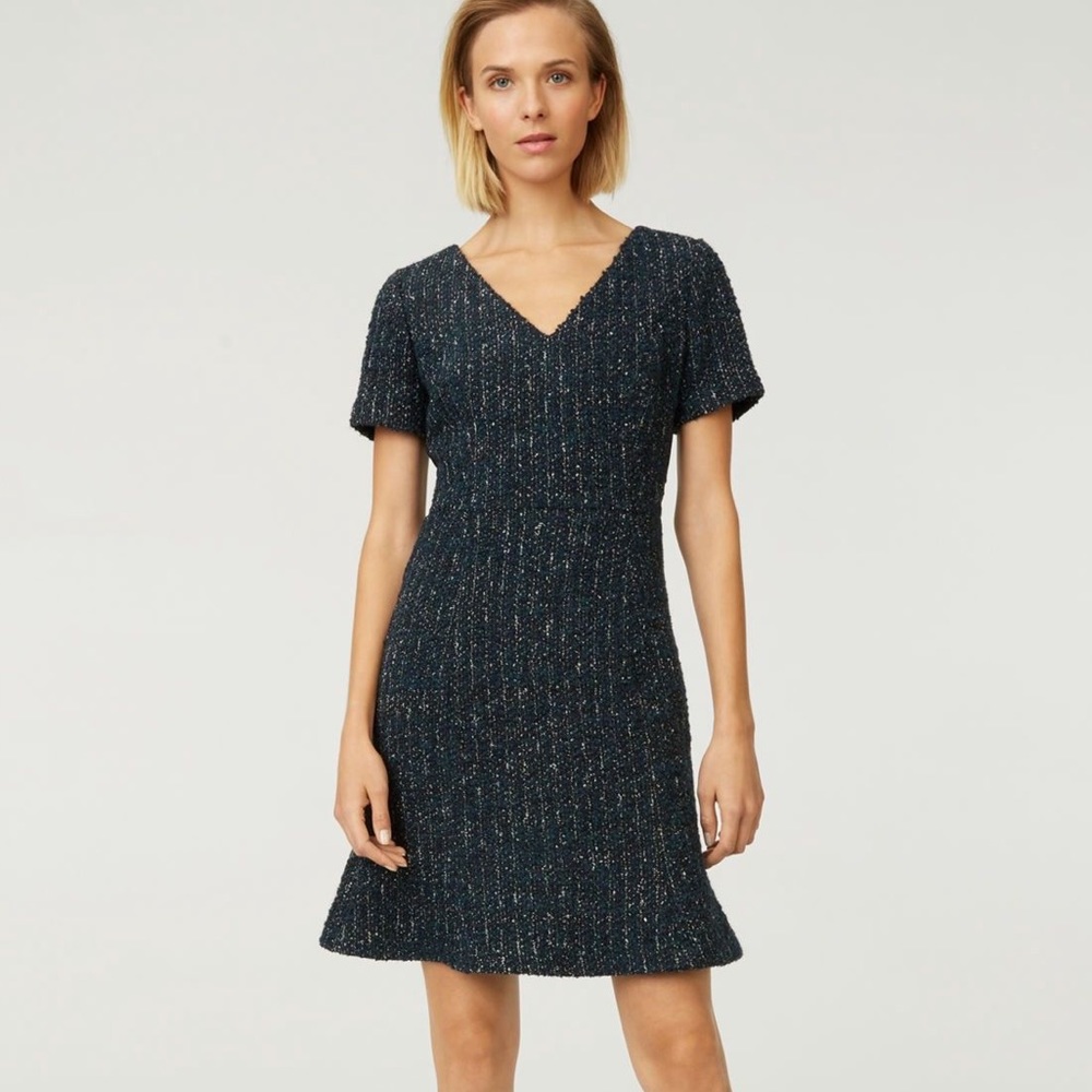 Club Monaco Textured V-Neck Short Sleeve Dress in Navy